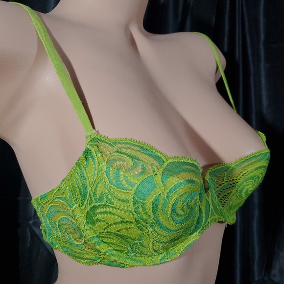 VICTORIA'S SECRET Push Up Bra GREEN LACE Without Padding Underwire Lingerie 34B - Picture 2 of 8